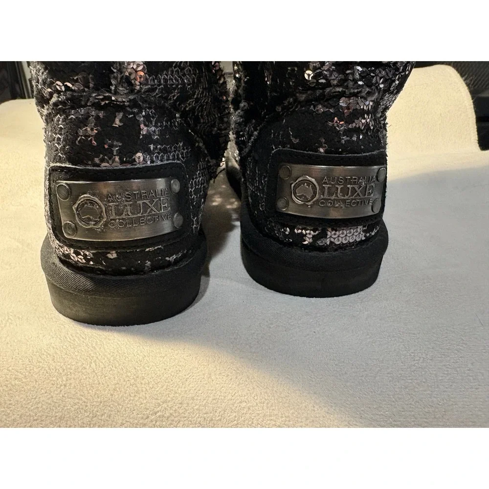 Australia Luxe Collective Boots Women 9 Black Silver Sequin Mid Calf Sheepskin
